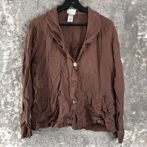 Tom Tom Size L Casual Linen Button Top Brown V Neck Long Sleeve Pocket